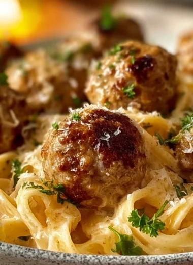 Creamy mushroom chicken meatballs served on a plate with herbs