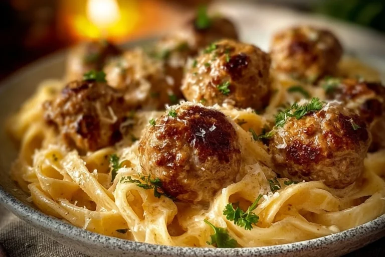 Creamy mushroom chicken meatballs served on a plate with herbs