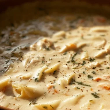 Creamy white lasagna soup with herbs and cheese in a bowl