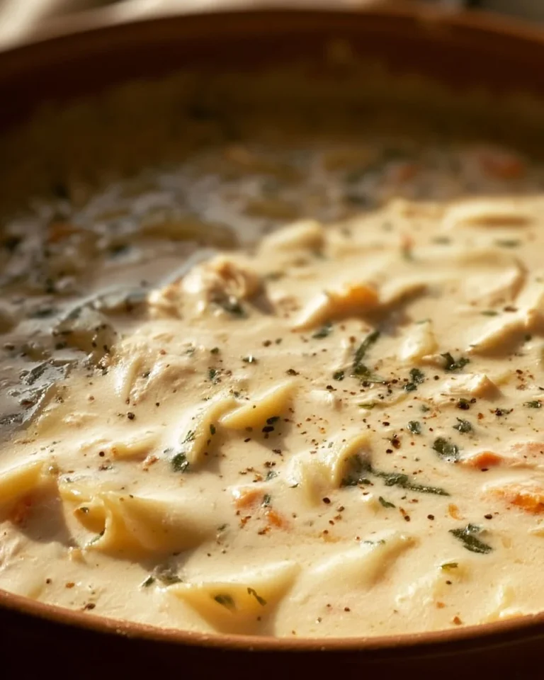 Creamy white lasagna soup with herbs and cheese in a bowl