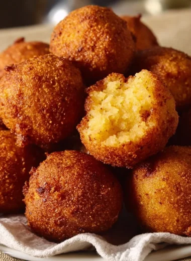 Plate of crispy hush puppies served with dipping sauce