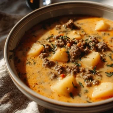 Crockpot Creamy Potato and Hamburger Soup in a bowl garnished with herbs.
