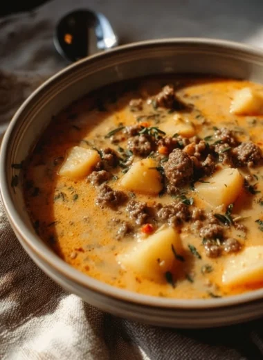 Crockpot Creamy Potato and Hamburger Soup in a bowl garnished with herbs.
