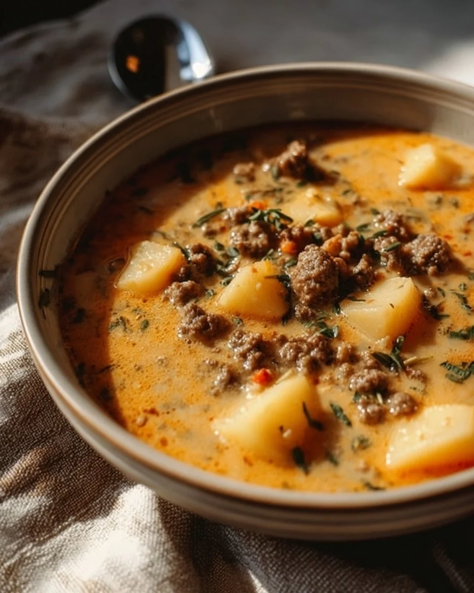 Crockpot Creamy Potato and Hamburger Soup in a bowl garnished with herbs.