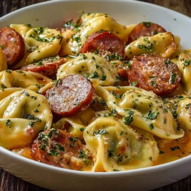 Crockpot Pierogi Casserole with Kielbasa in a dish, ready to serve