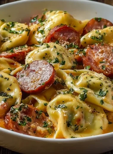 Crockpot Pierogi Casserole with Kielbasa in a dish, ready to serve