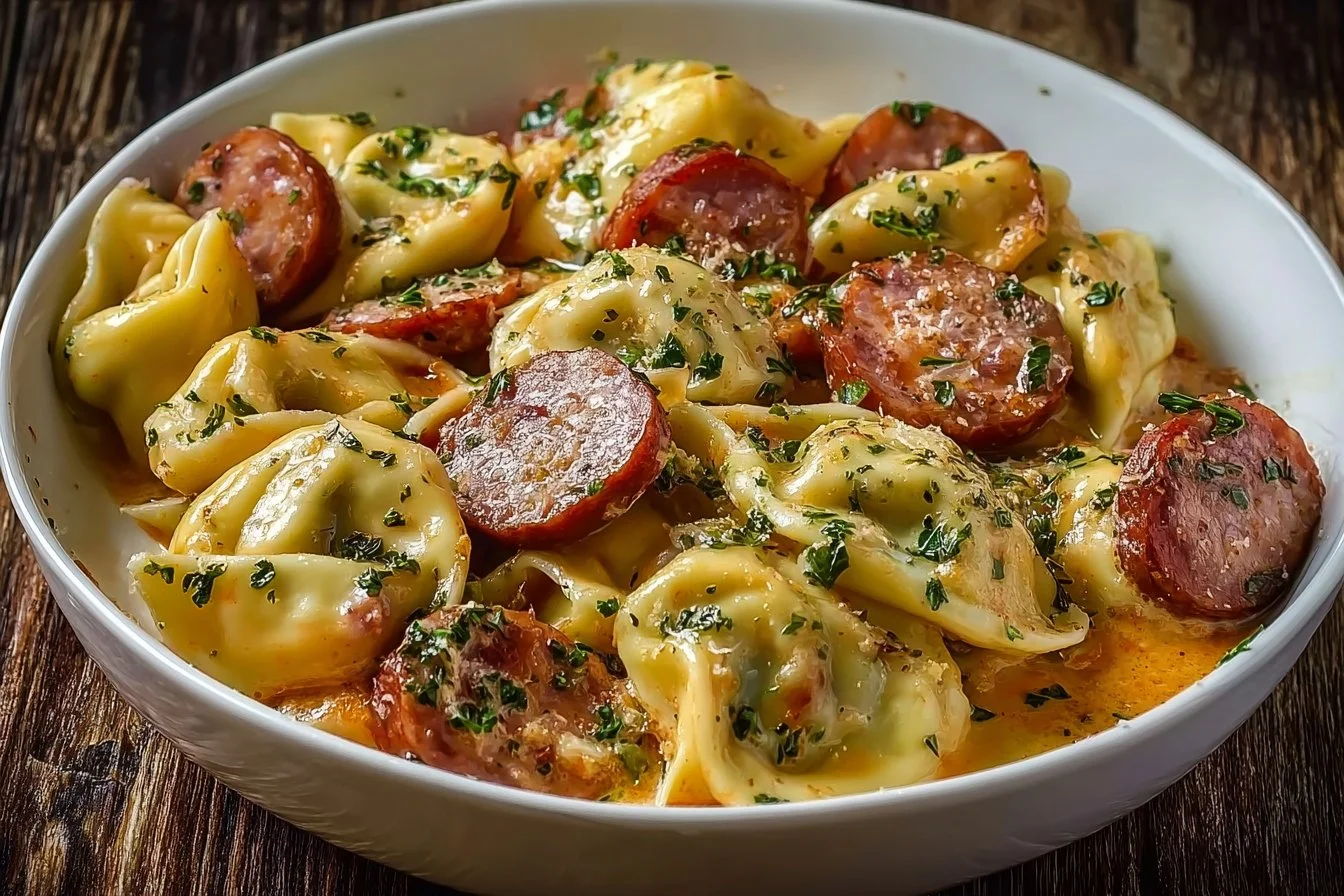 Crockpot Pierogi Casserole with Kielbasa in a dish, ready to serve