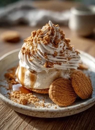 Decadent creamy Biscoff mousse topped with fluffy whipped cream in a dessert bowl.