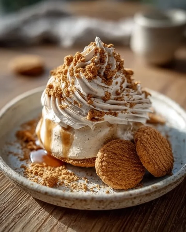 Decadent creamy Biscoff mousse topped with fluffy whipped cream in a dessert bowl.
