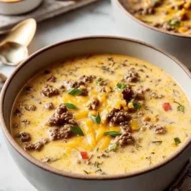 Bowl of easy cheeseburger soup with toppings and fresh herbs