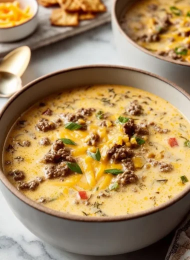 Bowl of easy cheeseburger soup with toppings and fresh herbs