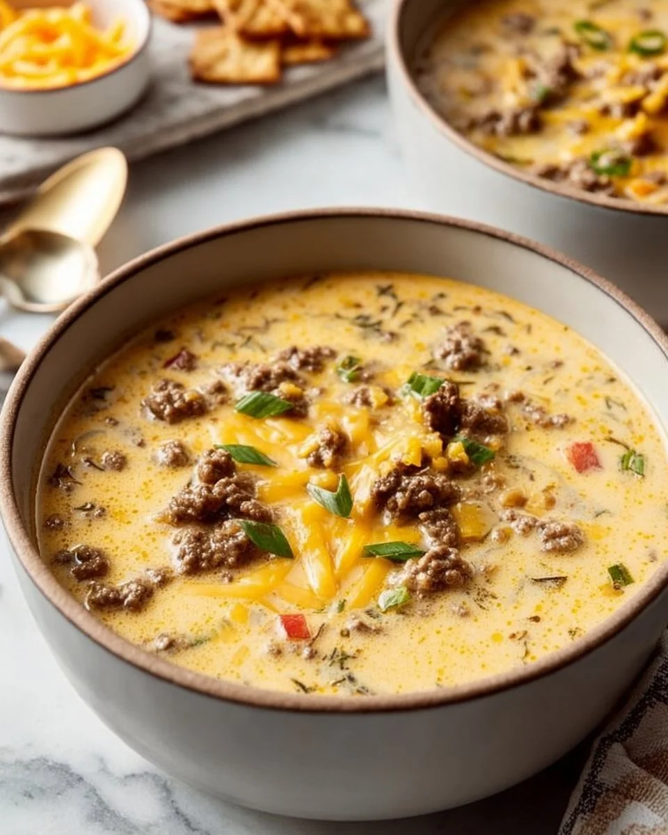 Bowl of easy cheeseburger soup with toppings and fresh herbs