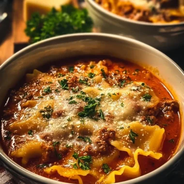 Bowl of easy creamy lasagna soup topped with cheese and herbs