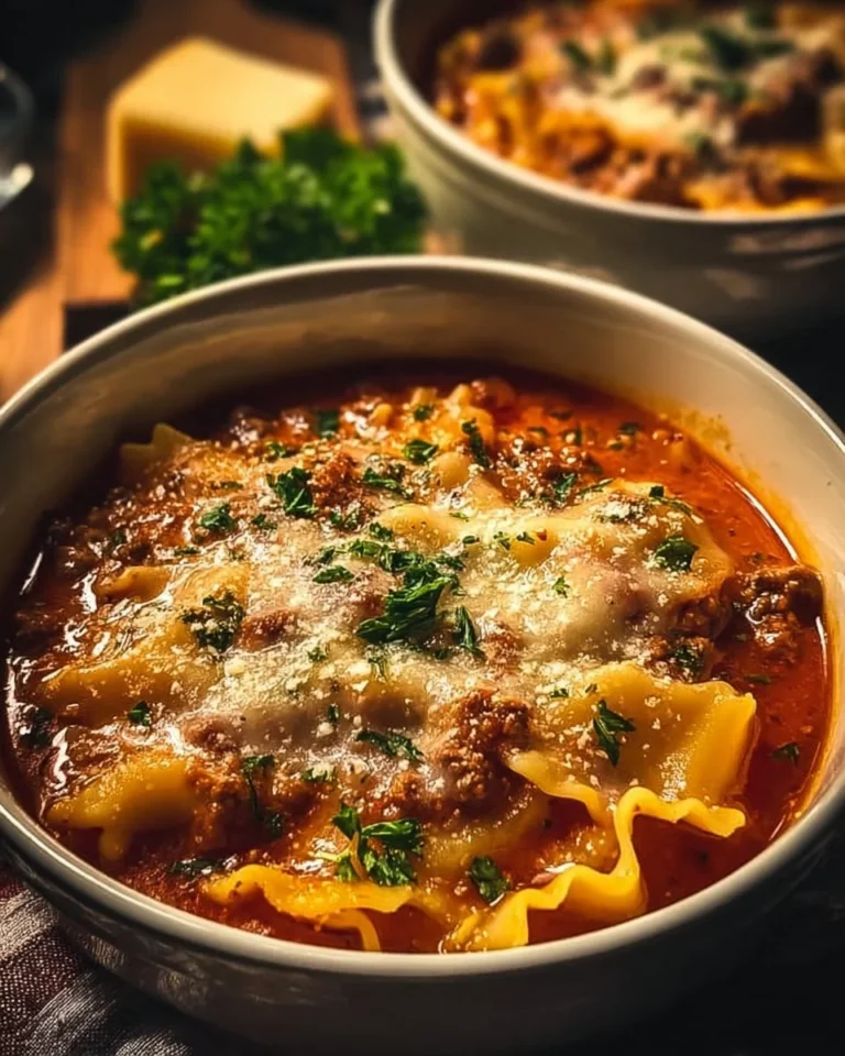 Bowl of easy creamy lasagna soup topped with cheese and herbs