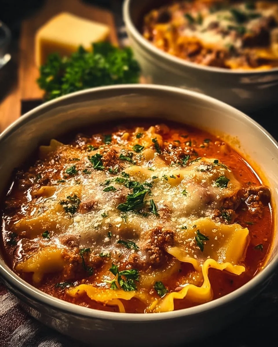 Bowl of easy creamy lasagna soup topped with cheese and herbs