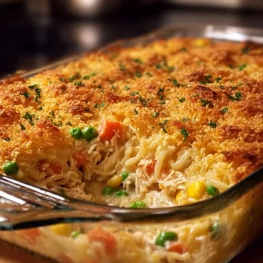 Easy hashbrown chicken casserole dish with creamy chicken and crispy edges
