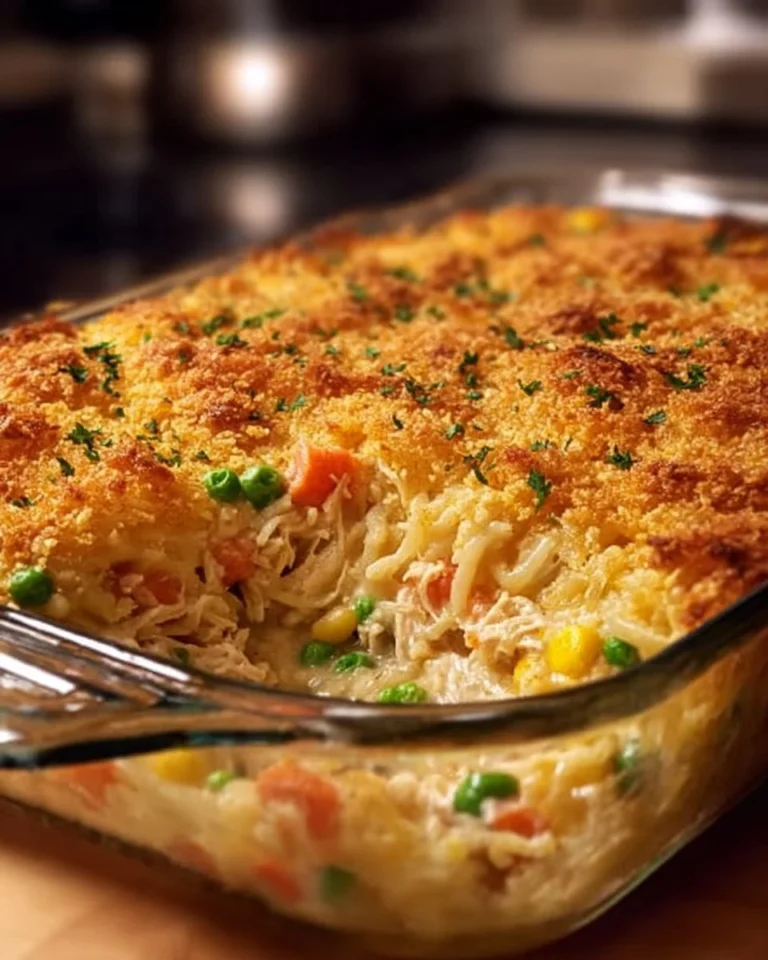 Easy hashbrown chicken casserole dish with creamy chicken and crispy edges