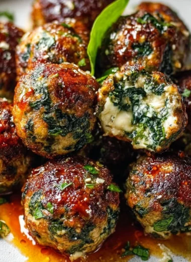 Plate of easy spinach garlic meatballs served with pasta and sauce