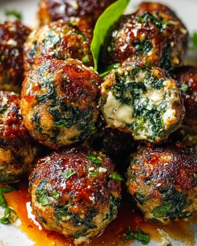Plate of easy spinach garlic meatballs served with pasta and sauce