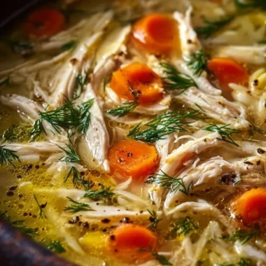 Bowl of Greek lemon chicken soup with fresh herbs and lemon slices for garnish.