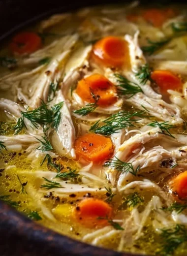 Bowl of Greek lemon chicken soup with fresh herbs and lemon slices for garnish.