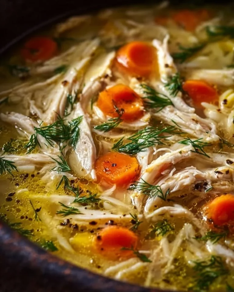 Bowl of Greek lemon chicken soup with fresh herbs and lemon slices for garnish.