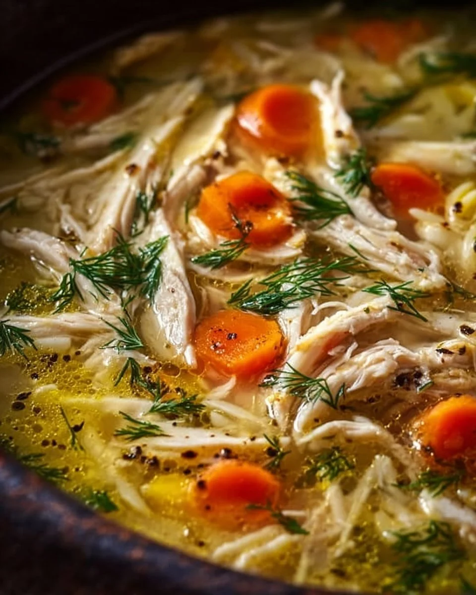 Bowl of Greek lemon chicken soup with fresh herbs and lemon slices for garnish.