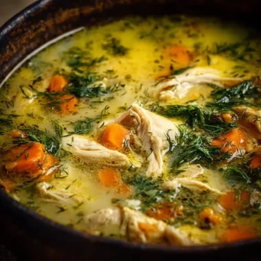 Bowl of Greek lemon chicken soup garnished with fresh herbs