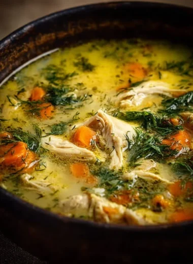 Bowl of Greek lemon chicken soup garnished with fresh herbs