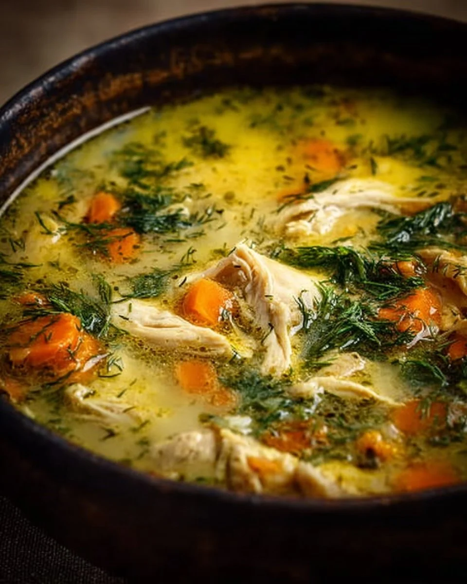 Bowl of Greek lemon chicken soup garnished with fresh herbs