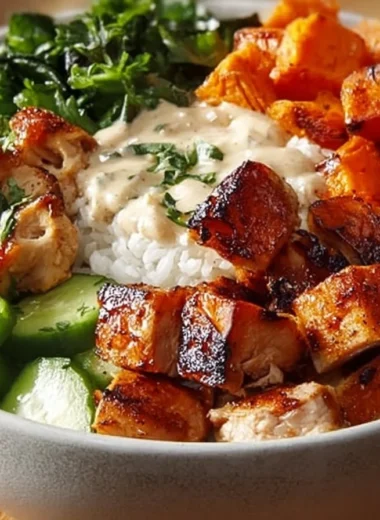 Grilled chicken salad served in a bowl with fresh vegetables and dressing.