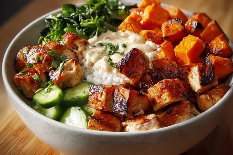 Grilled chicken salad served in a bowl with fresh vegetables and dressing.