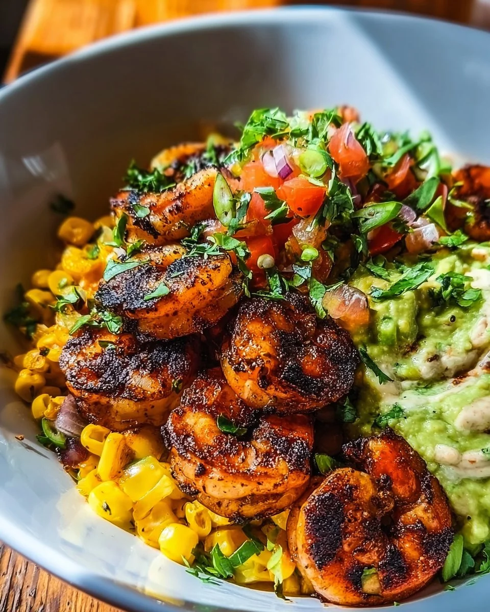 Delicious grilled shrimp bowl with fresh vegetables and sauce