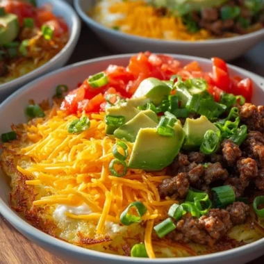 Delicious hash brown breakfast bowls topped with fresh ingredients