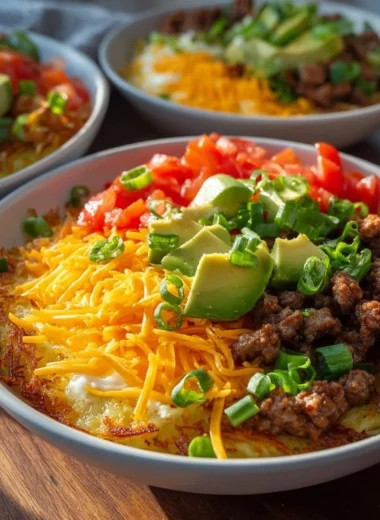 Delicious hash brown breakfast bowls topped with fresh ingredients