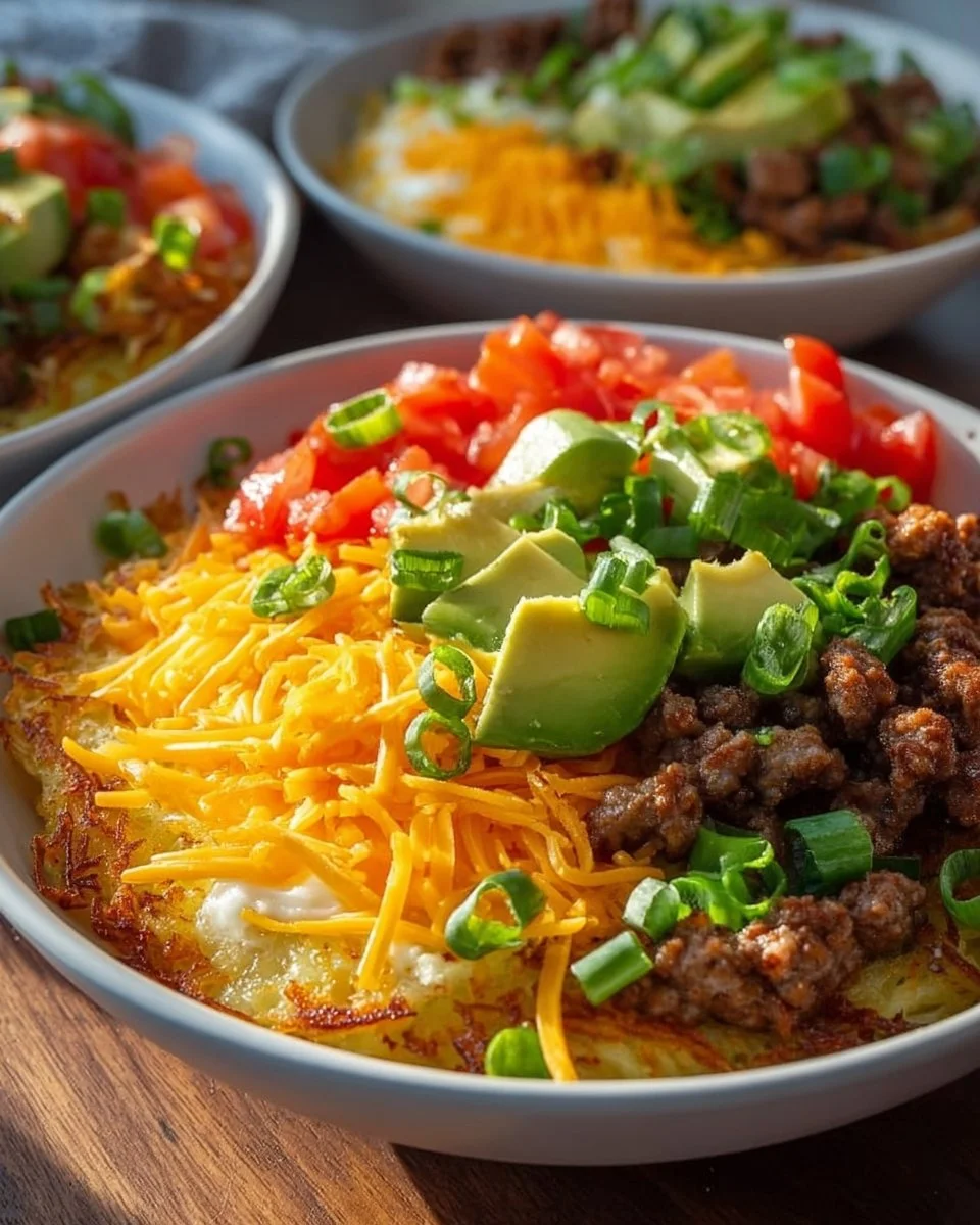 Delicious hash brown breakfast bowls topped with fresh ingredients