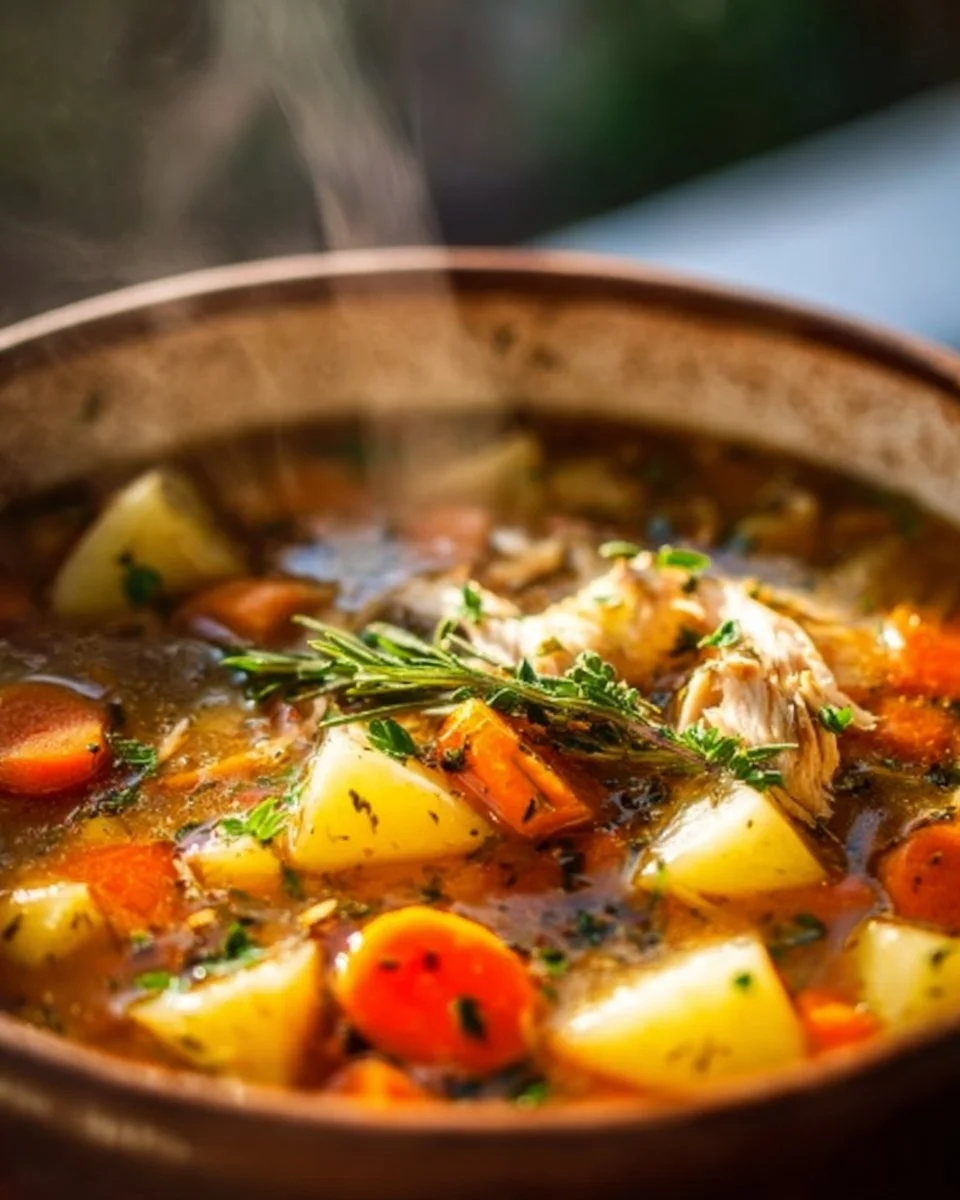 Bowl of hearty chicken veggie soup with fresh vegetables and herbs