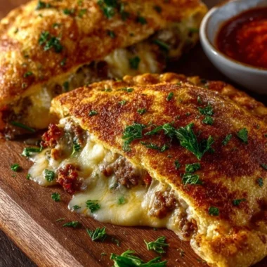High-protein keto calzone filled with cheese and pepperoni, low-carb meal