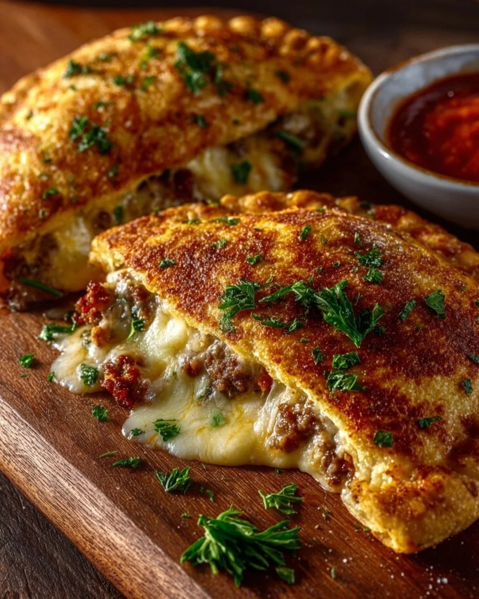 High-protein keto calzone filled with cheese and pepperoni, low-carb meal