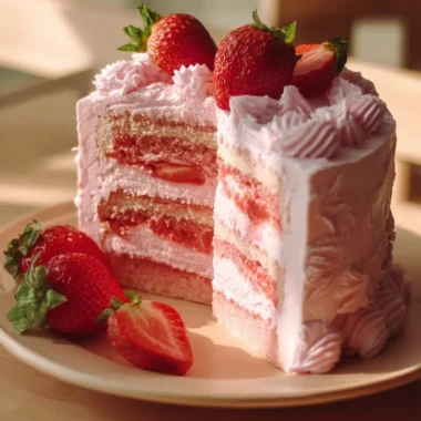 Delicious homemade strawberry cake topped with fresh strawberries and cream.