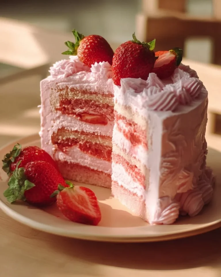 Delicious homemade strawberry cake topped with fresh strawberries and cream.