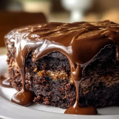 Delicious slice of hot fudge cake topped with melted chocolate and whipped cream.