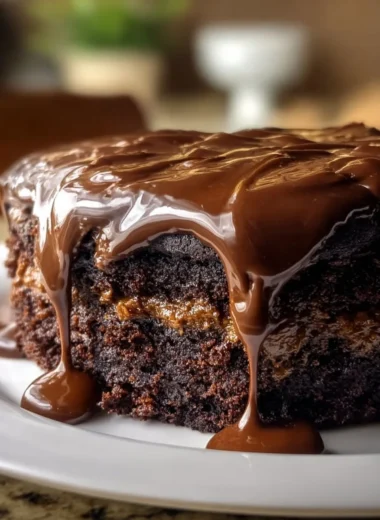 Delicious slice of hot fudge cake topped with melted chocolate and whipped cream.