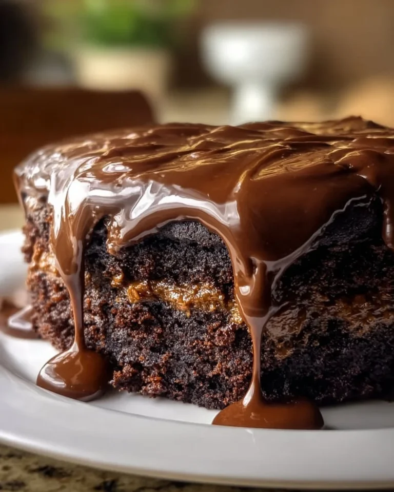 Delicious slice of hot fudge cake topped with melted chocolate and whipped cream.