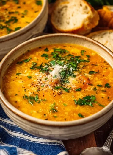 Bowl of Italian Penicillin Soup with fresh herbs and vegetables