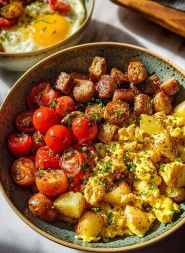 Healthy make-ahead breakfast bowls on a wooden table with fresh ingredients