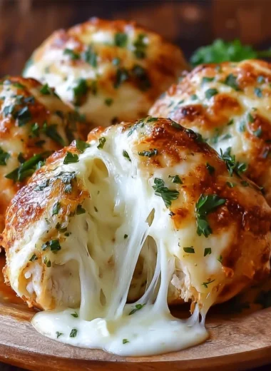 Melted mozzarella chicken bombs with ranch drizzled on top.