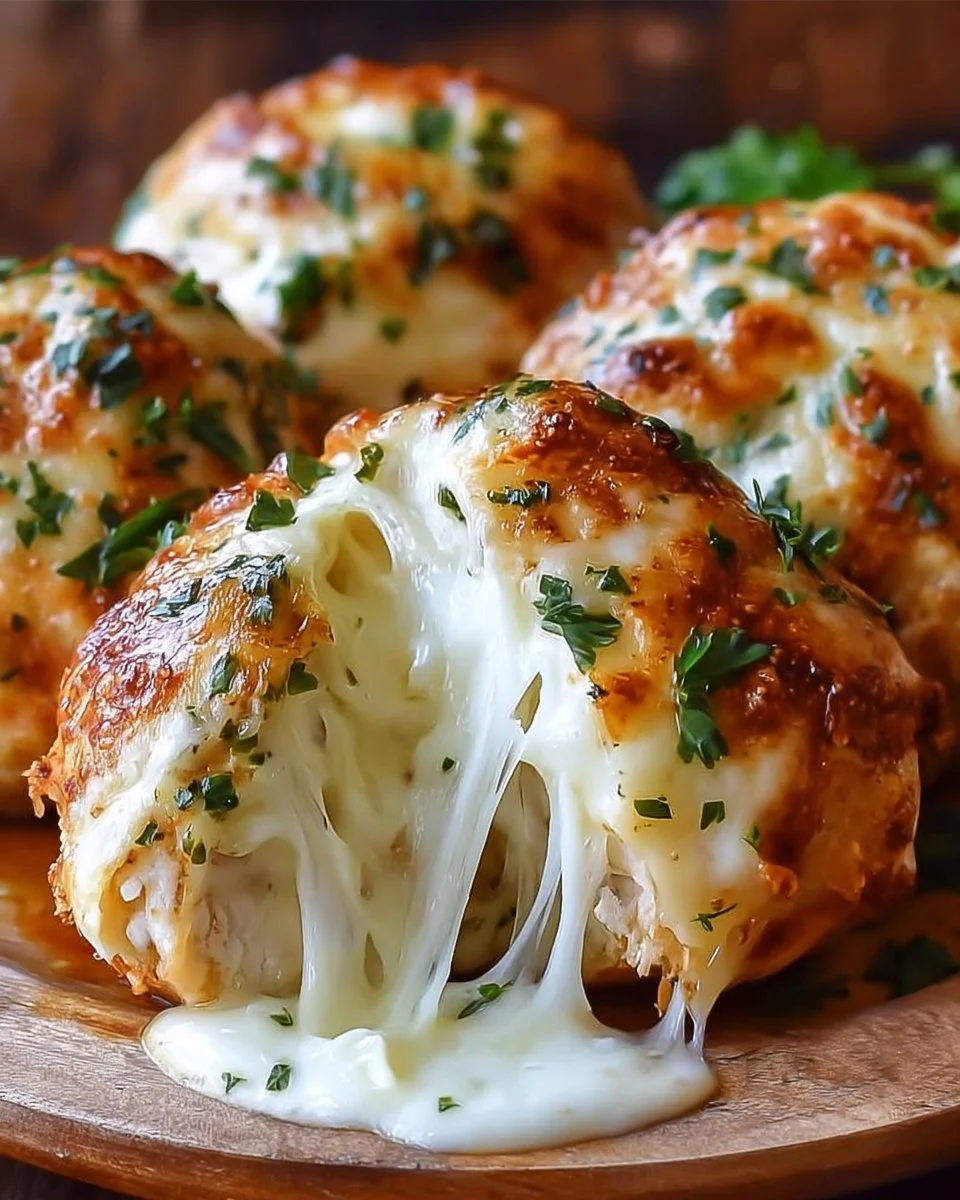 Melted mozzarella chicken bombs with ranch drizzled on top.