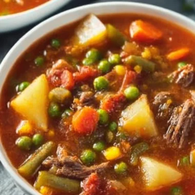 Bowl of Mom's Old-Fashioned Vegetable Beef Soup with fresh vegetables