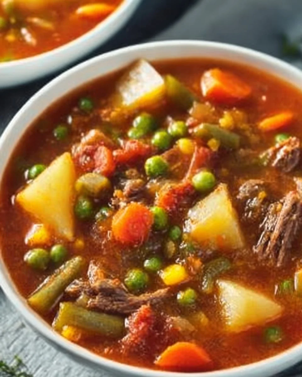 Bowl of Mom's Old-Fashioned Vegetable Beef Soup with fresh vegetables